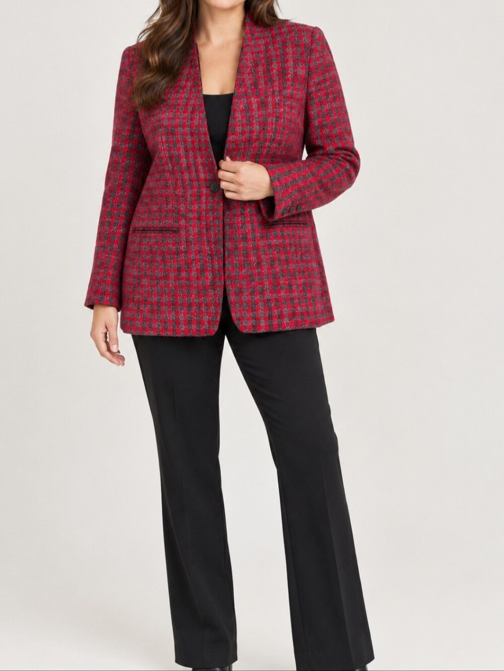 Vintage Liz Claiborne Petite 10 Red Black Plaid Houndstooth Collarless Wool Blaz